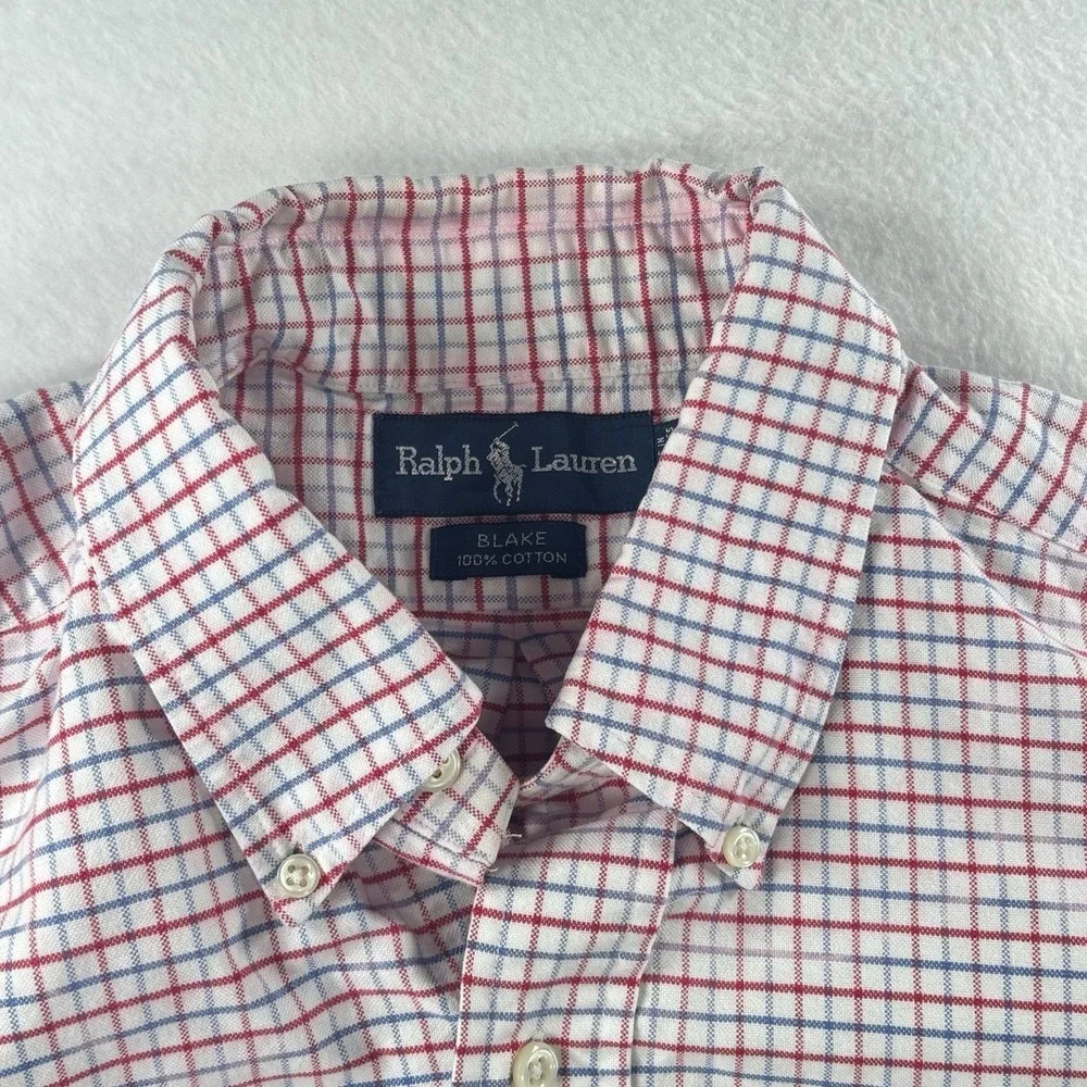 VTG Polo Ralph Lauren Shirt Mens L Oxford Plaid‎ Blake Button Up Blue Red Preppy